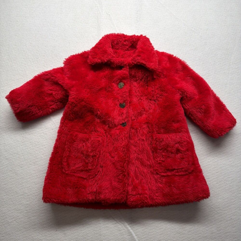 Vintage 50s Handmade Red Faux Fur Swing Coat Mid Century Plaid Lined - Girls 7/8